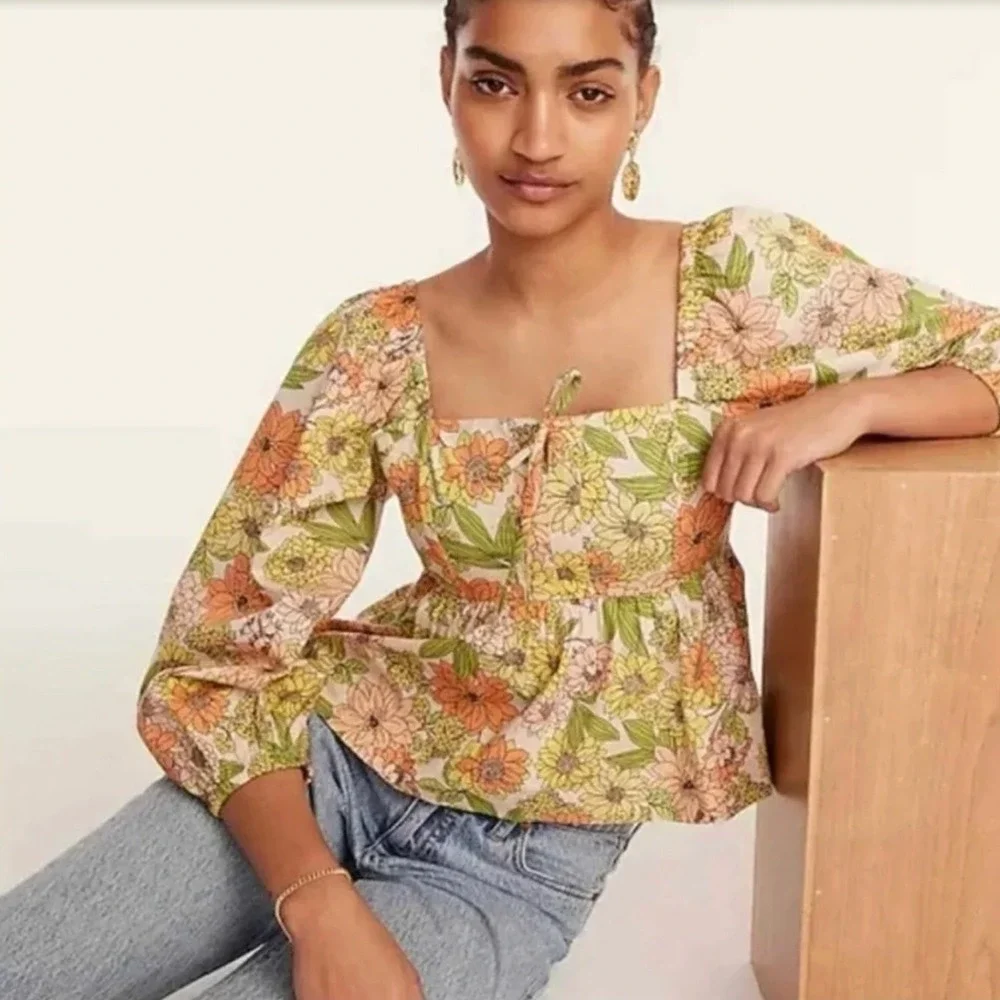 NEW J. Crew Womens Squareneck Tie Front Blouse Top in Zinnia Floral Size 24